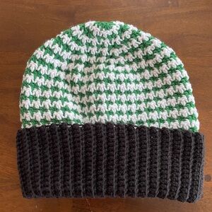 Green and White Knit Beanie with Black Cuff